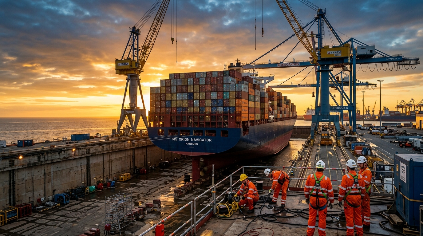 Kapal kargo kontainer besar sedang menjalani perbaikan lambung dan baling-baling di dalam graving drydock Baruna Maritim saat senja.