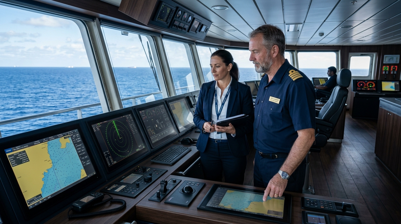 Nakhoda dan marine superintendent Baruna Maritim sedang berdiskusi di anjungan kapal navigasi modern.