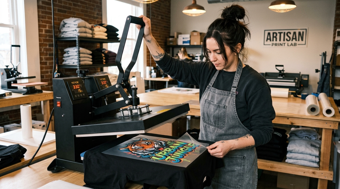 Proses pengepresan sablon DTF ultra HD di atas kaos hitam di studio sablon PolosLab.